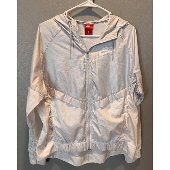 Nike Jacket Women's Large Gray/White Windrunner Jacket Track Lightweight Hooded - Picture 2 of 5